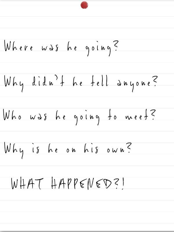 Handwritten notes on lined paper with questions about someone's disappearance and a statement 'WHAT HAPPENED?!'