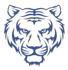 A stylized blue and white tiger head logo with detailed facial features.