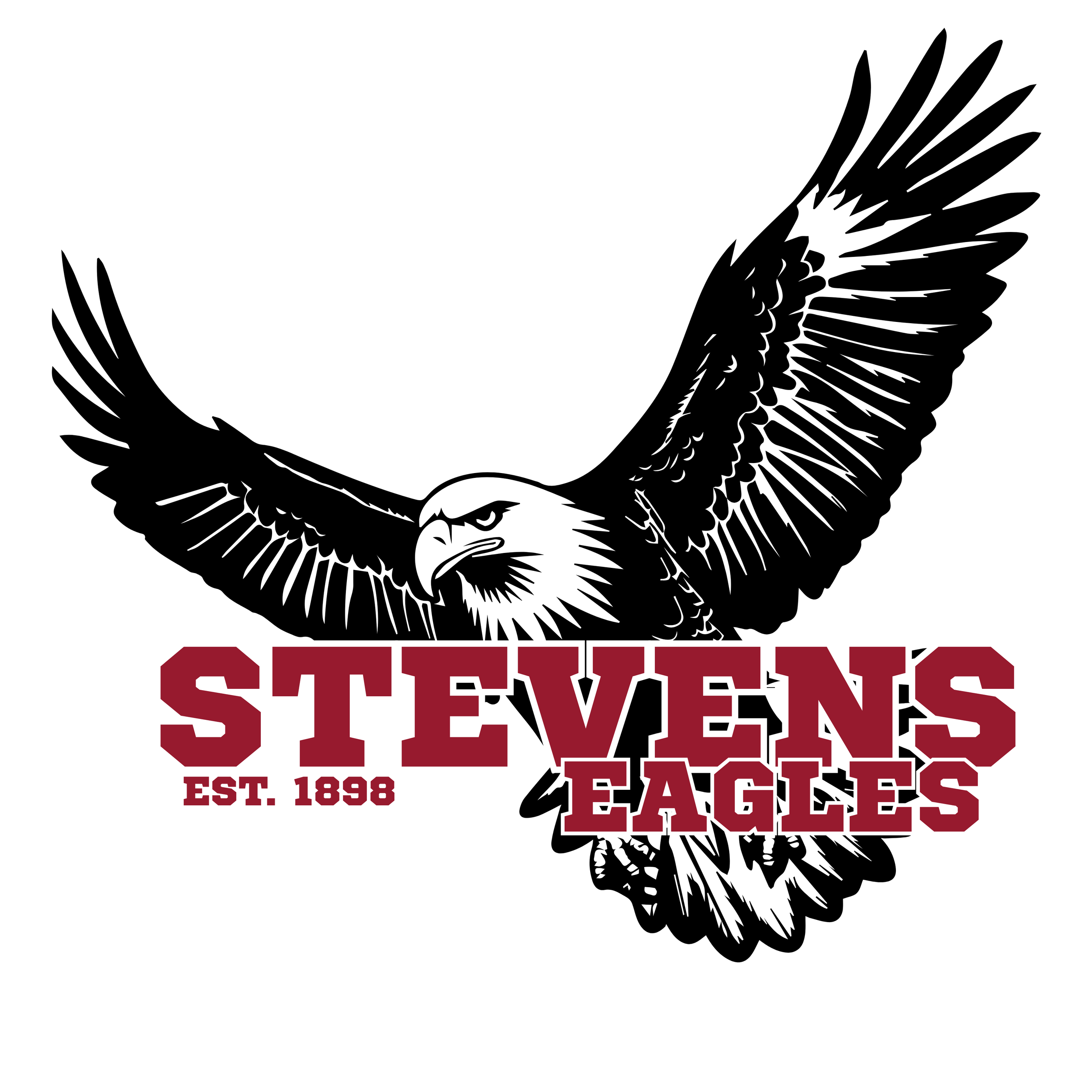 Black and white illustration of an eagle with outstretched wings above the words 'STEVENS EAGLES' in maroon text, with 'EST. 1898' underneath.