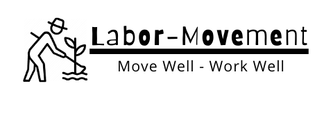 Labor movement logo with a stick figure planting a seed and the slogan 'Move Well - Work Well'.