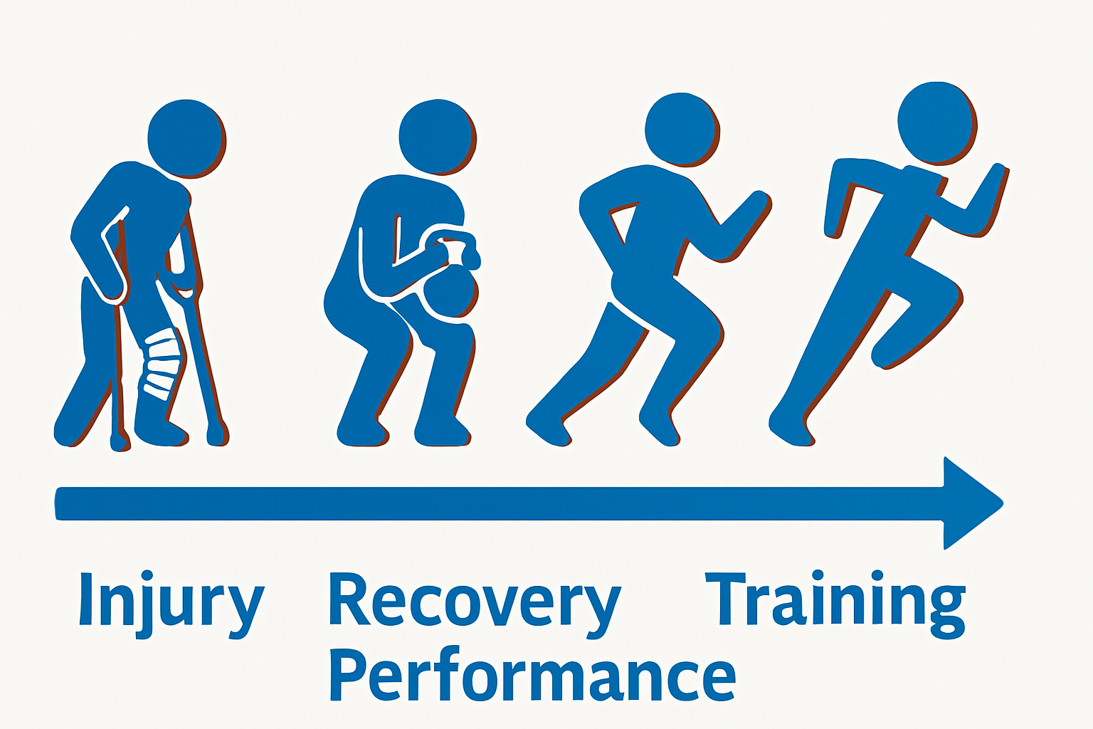 Blue silhouettes of a person progressing through injury, recovery, and training stages, with a horizontal arrow indicating growth, labeled 'Injury,' 'Recovery,' and 'Training,' and the words 'Performance' below.