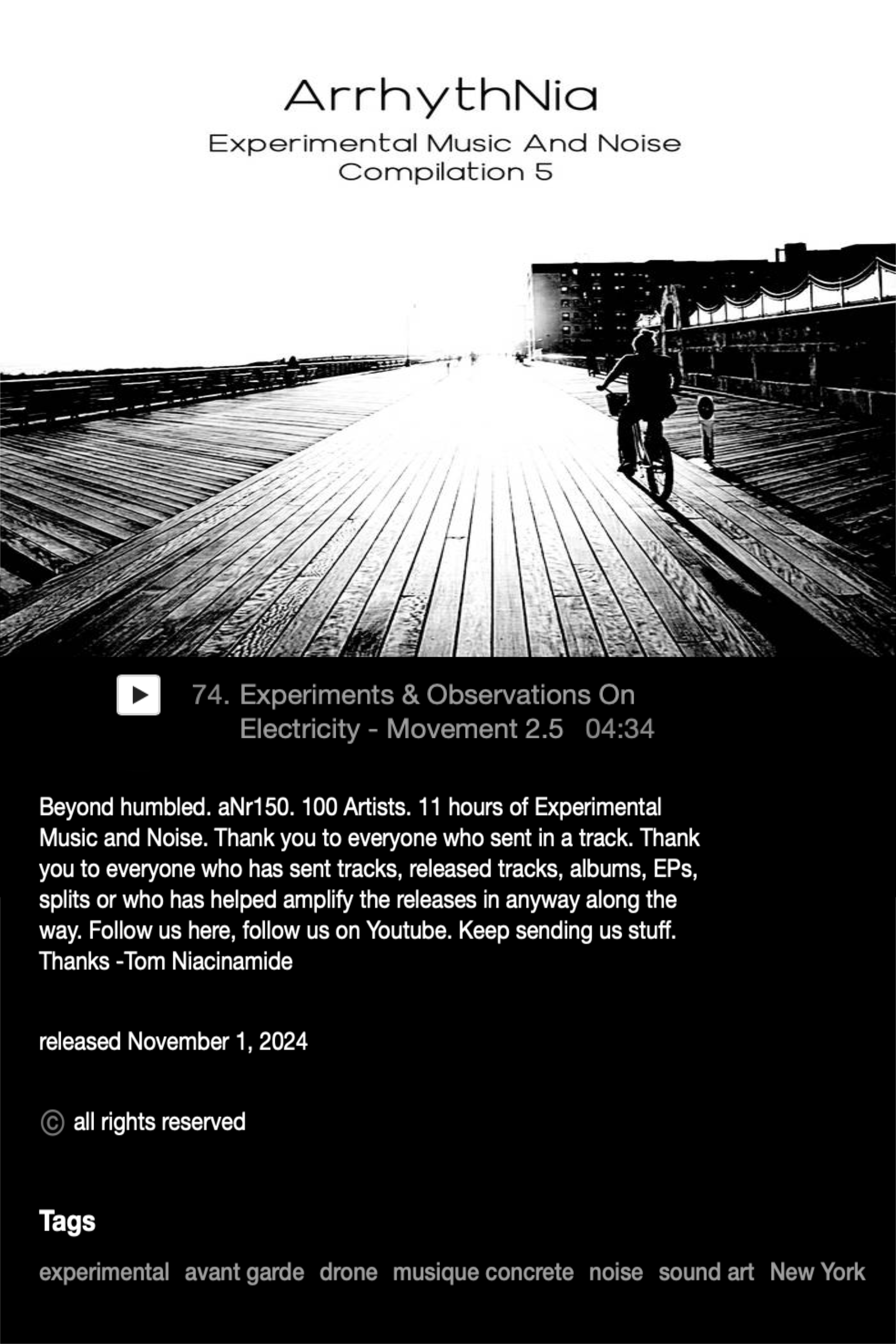 In November of 2024, a second compilation album featured a track by Experiments & Observations on Electricity. Released by ArrhythNia, Compilation 5 featured Movement 2.5, a rerecord of Movement 2 from The Ascension album.