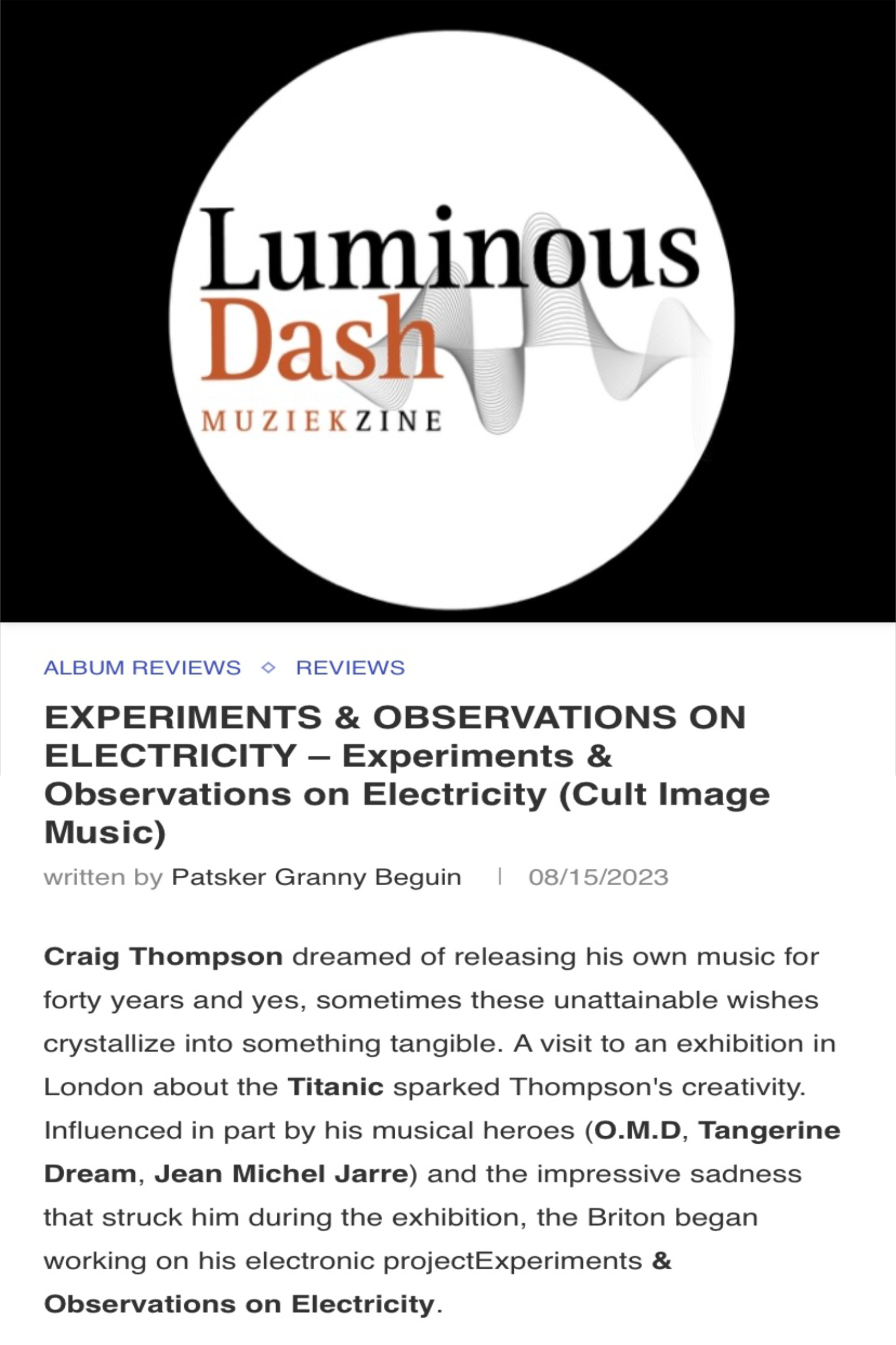 Luminous Dash (Belgium) review of first Experiments & Observations on Electricity album (Part 2). 