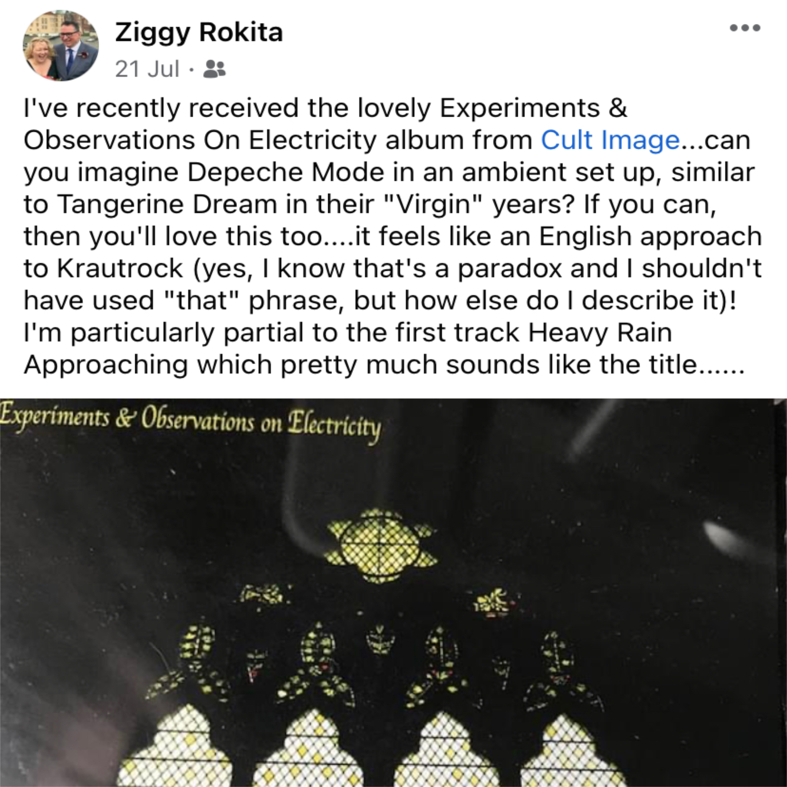 A Facebook post by someone who purchased the debut Experiments & Observations on Electricity album.