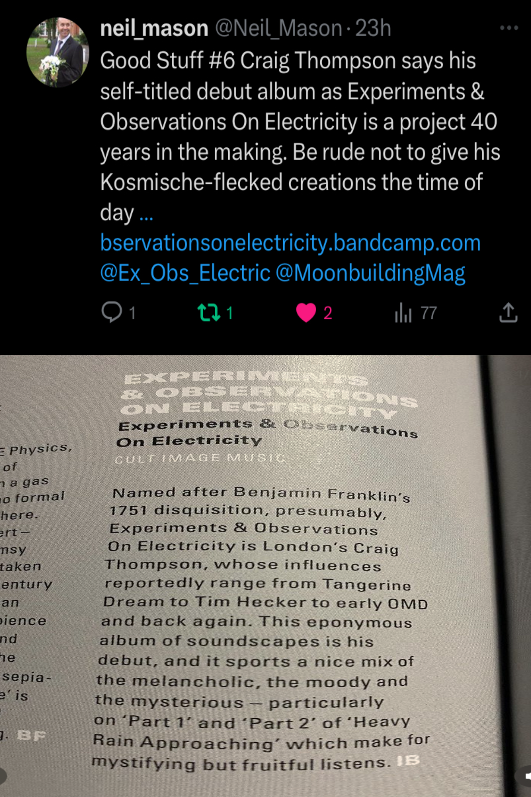 Neil mason of Moonbuilding Mag and Electronic Sound mentioning the Experiments & Observations on Electricity album on Twitter.
Plus, first review in ES magazine.