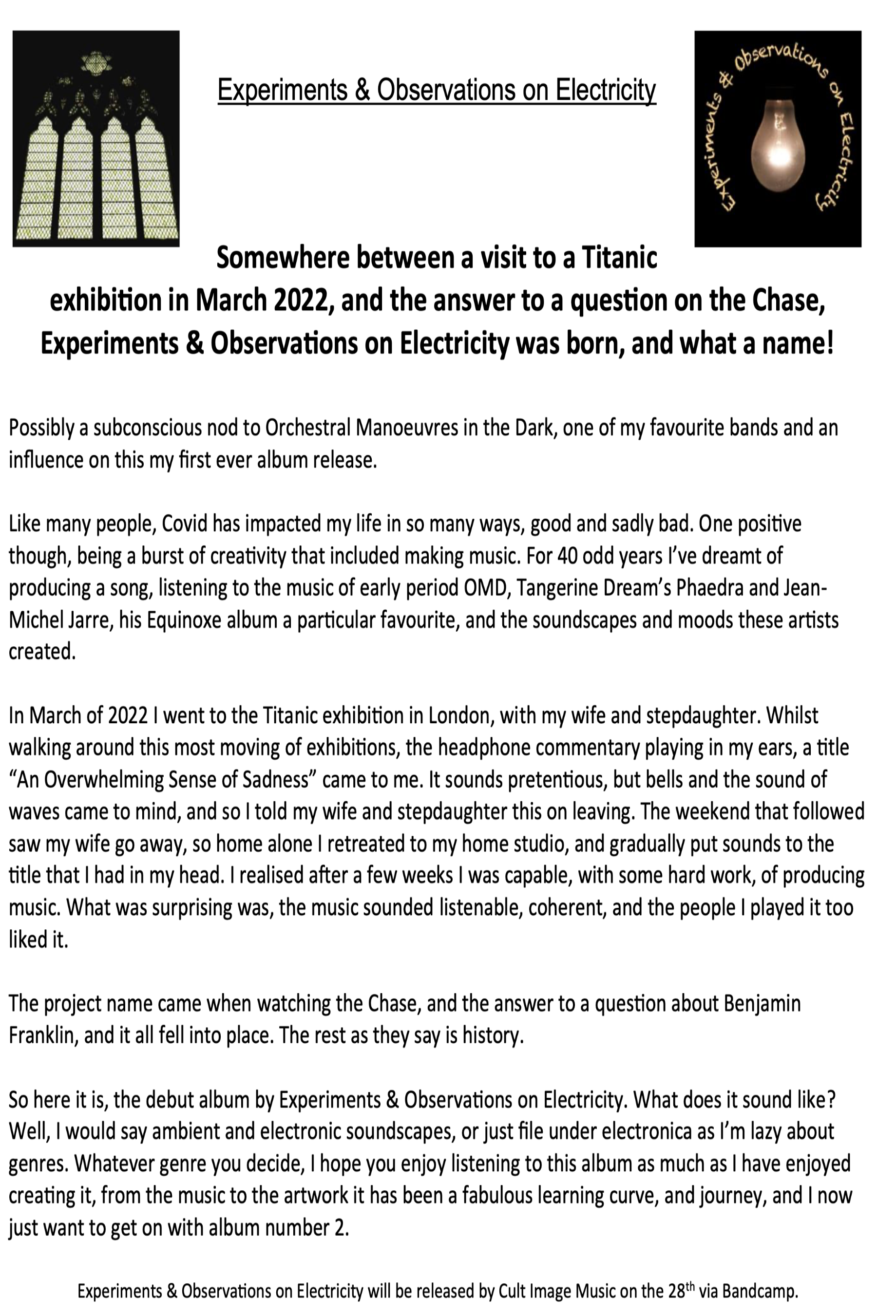 Experiments & Observations on Electricity debut album press release.