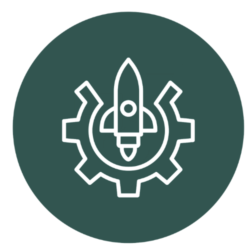 Icon of a rocket launching inside a gear, representing innovation or technology.