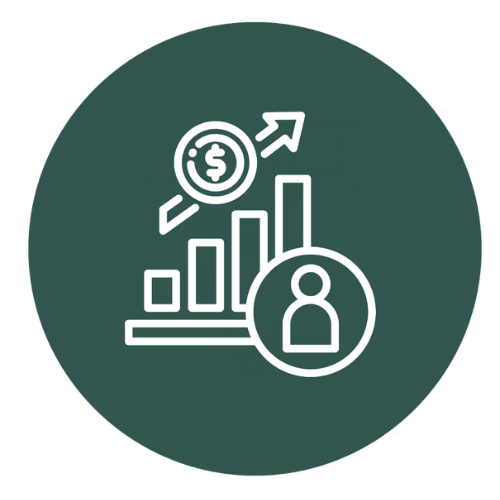 Line graph with an upward arrow, dollar sign, and user icon, representing financial growth or analytics.