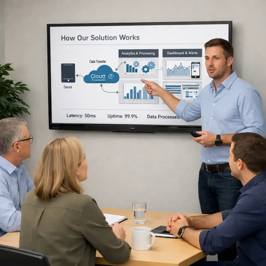 founder in room with customers, presenting a product solution on a tv screen to a group of 3 people. business casual dress, neutral faces. He is using technical data to show how the product works.