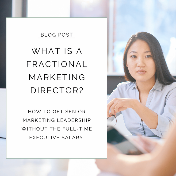 A woman with long dark hair in a professional setting looking at the camera, with a promotional poster for a blog post titled 'What is a Fractional Marketing Director?' on her left side.