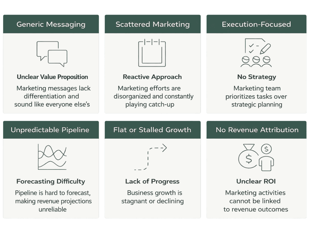 A chart comparing six marketing issues with icons and descriptions: Unclear value proposition, reactive approach, no strategy, unpredictable pipeline, flat or stalled growth, and no revenue attribution.
