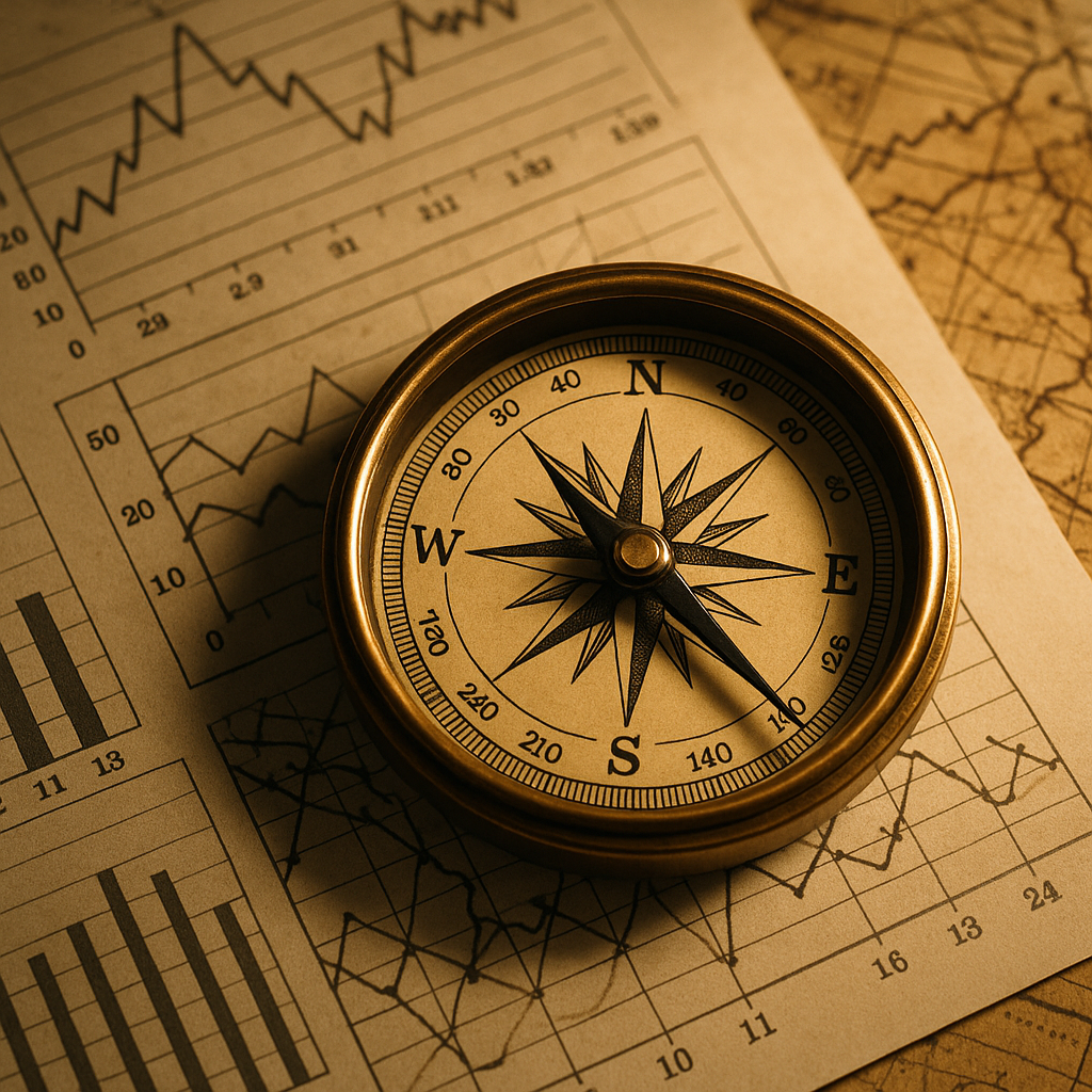 A brass compass resting on printed financial charts and maps with line graphs and bar graphs.