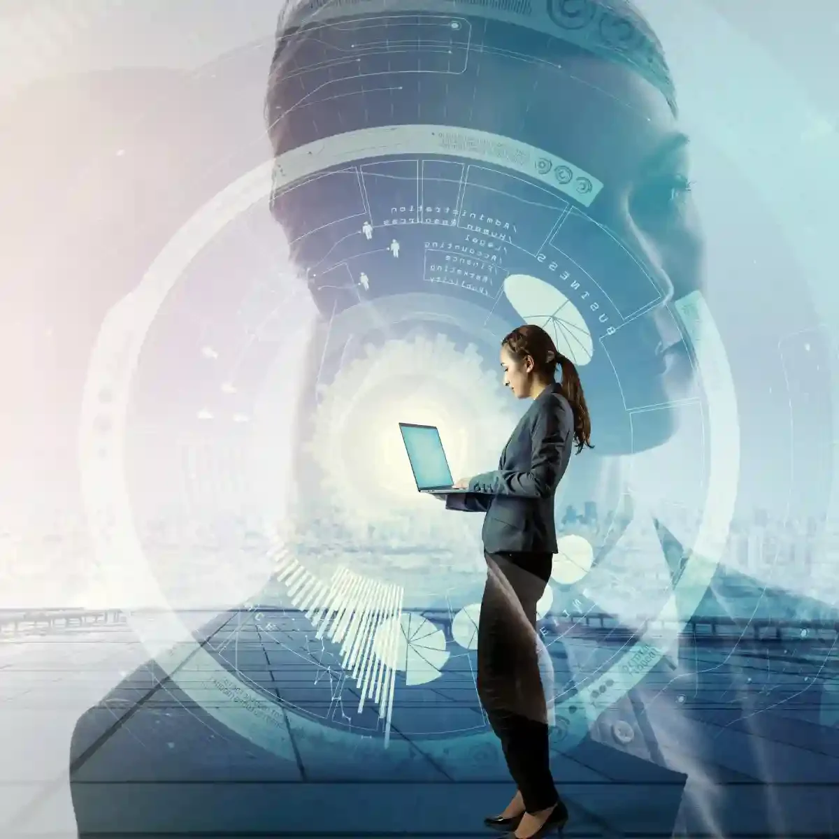 Futuristic image of a woman on a laptop