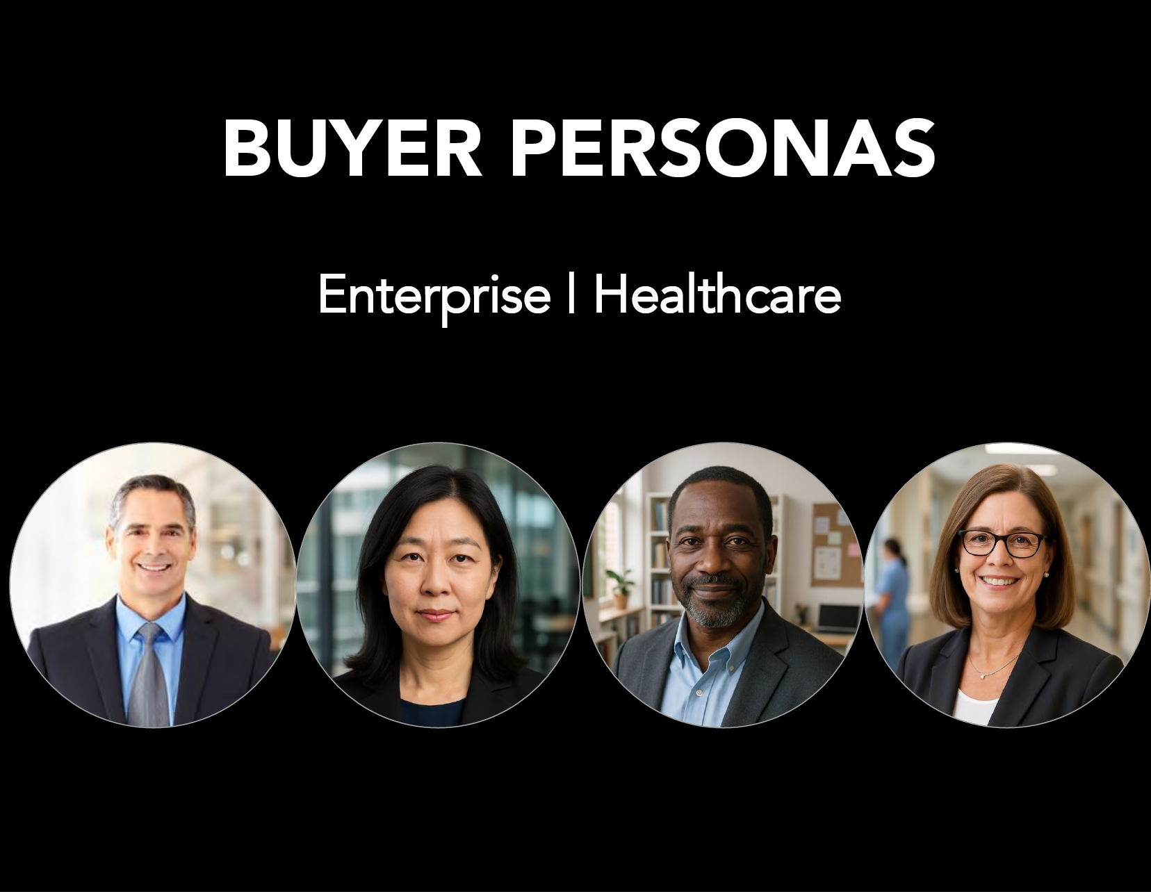 Slide titled "Buyer Personas" with subtitle "Enterprise | Healthcare"; images of four professional individuals, two men and two women, in business settings.
