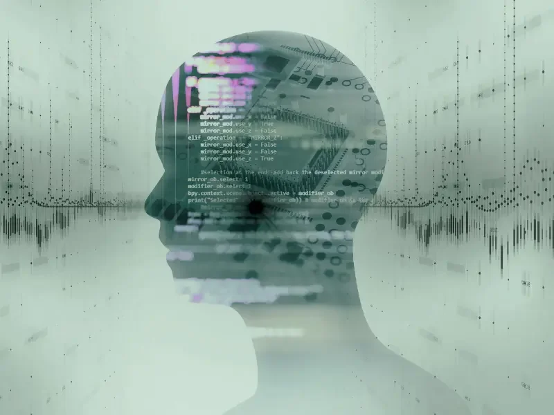 futuristic image of a female head with data processing in the brain area on a green background