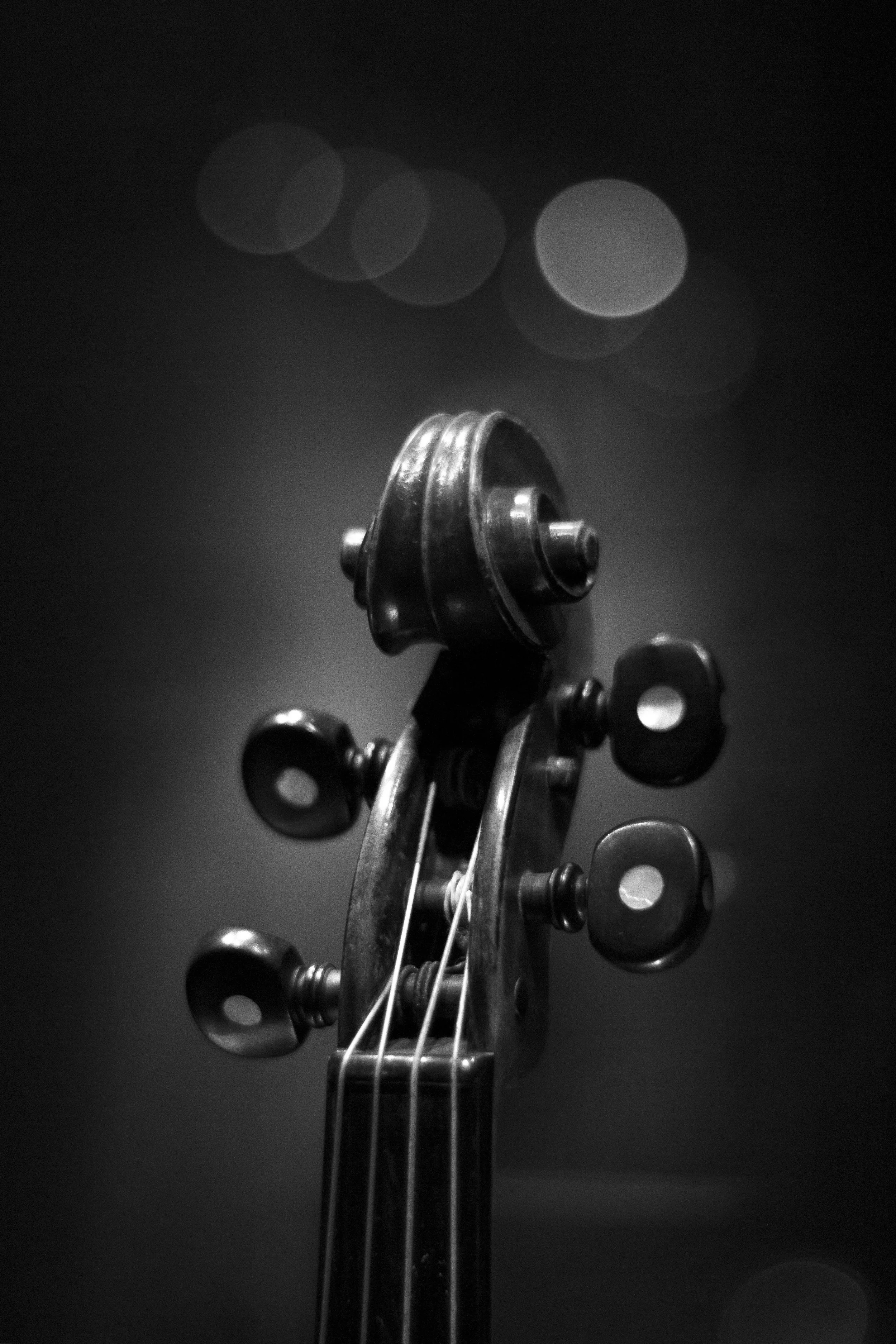 A close-up of a violin’s carved wooden scroll and tuning pegs, strings rising upward, softly lit against a blurred, glowing background.