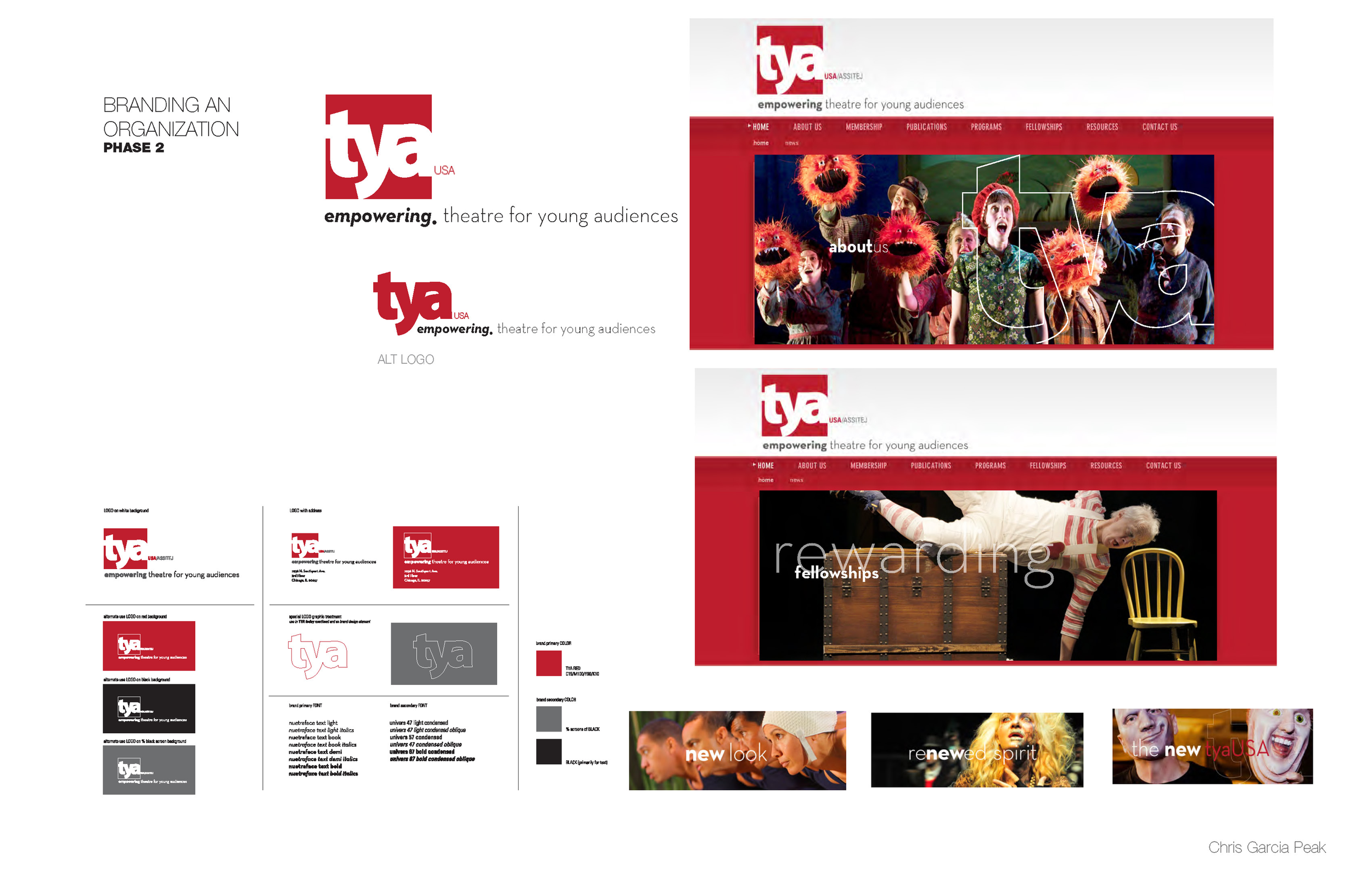 Branding design mockups for TYA USA, a theatre organization for young audiences, including logo variations, website homepage layouts, and color palette, with images of children performing and actors on stage.