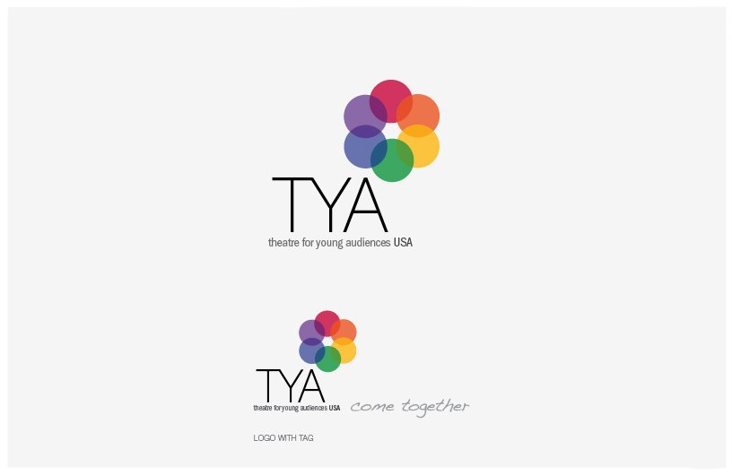 Logo for Theatre for Young Audiences USA featuring a colorful cluster of overlapping circles above the text 'TYA', with the tagline 'theatre for young audiences USA', shown twice, once with and once without the phrase 'come together'.