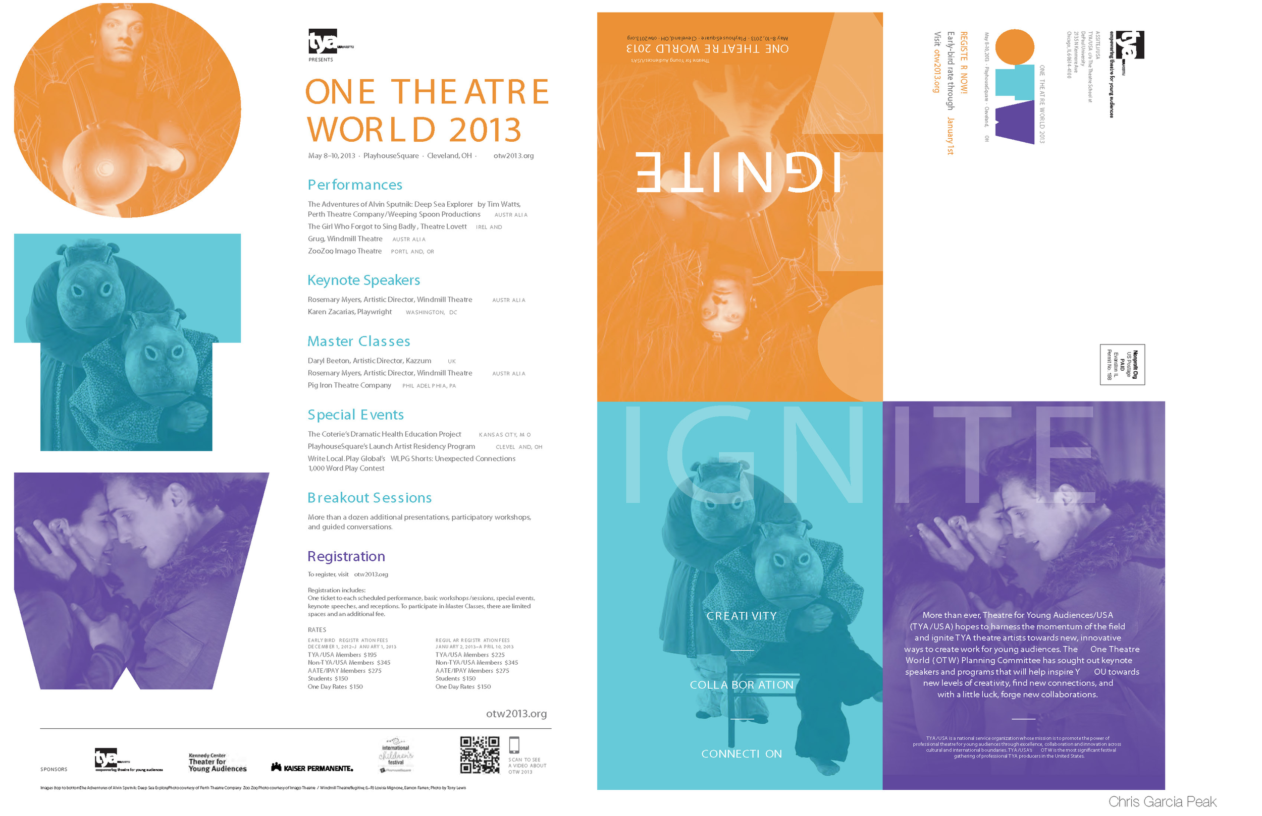 A colorful, multi-panel flyer promoting the ONE THEATRE WORLD 2013 event, including performances, keynote speakers, master classes, special events, breakout sessions, registration details, and sponsor logos, with images of puppets and performers.