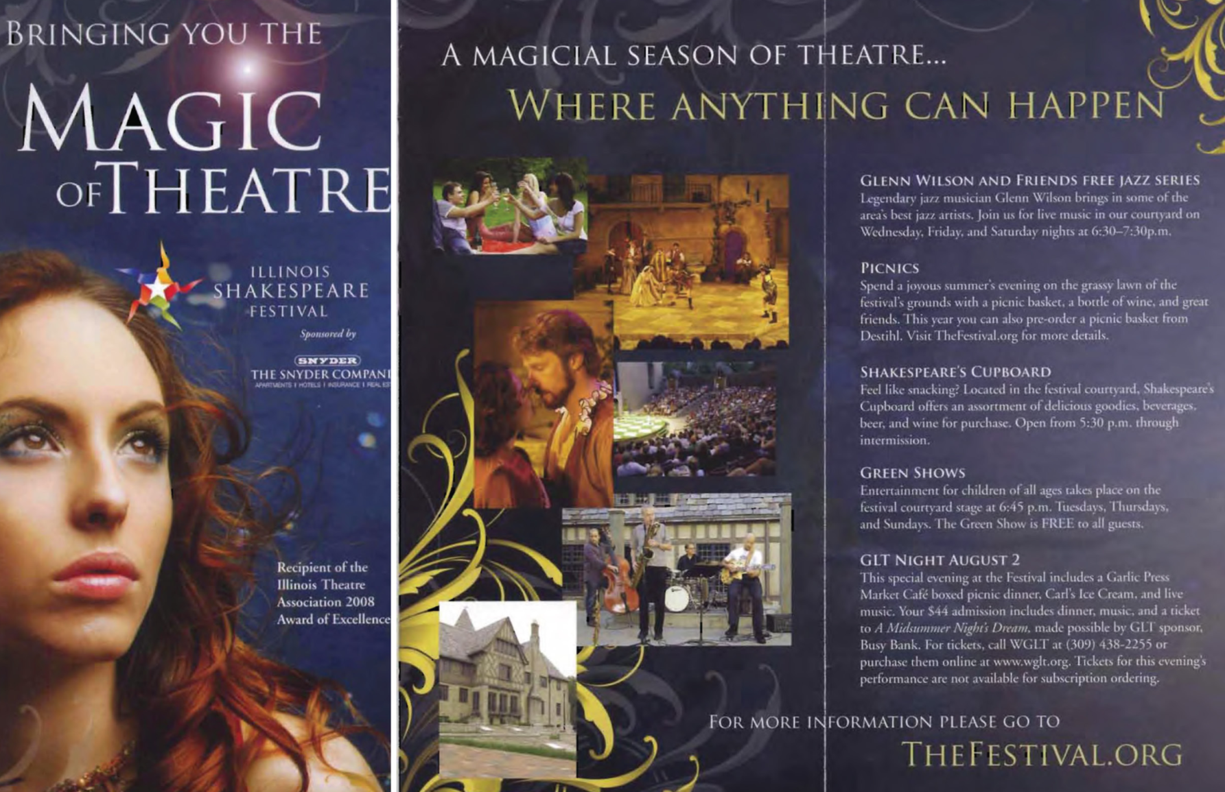 Poster promoting the Illinois Shakespeare Festival with various images of performances, a woman with red hair looking upwards in the foreground, and informational text about upcoming events and activities.