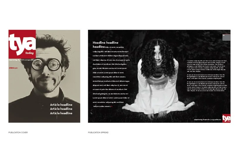A two-page magazine layout with the logo 'tya today' on the top left, featuring a black-and-white photo of a man with glasses and messy hair on the left, and a woman with curly hair sitting on the grass on the right, surrounded by Lorem Ipsum text.