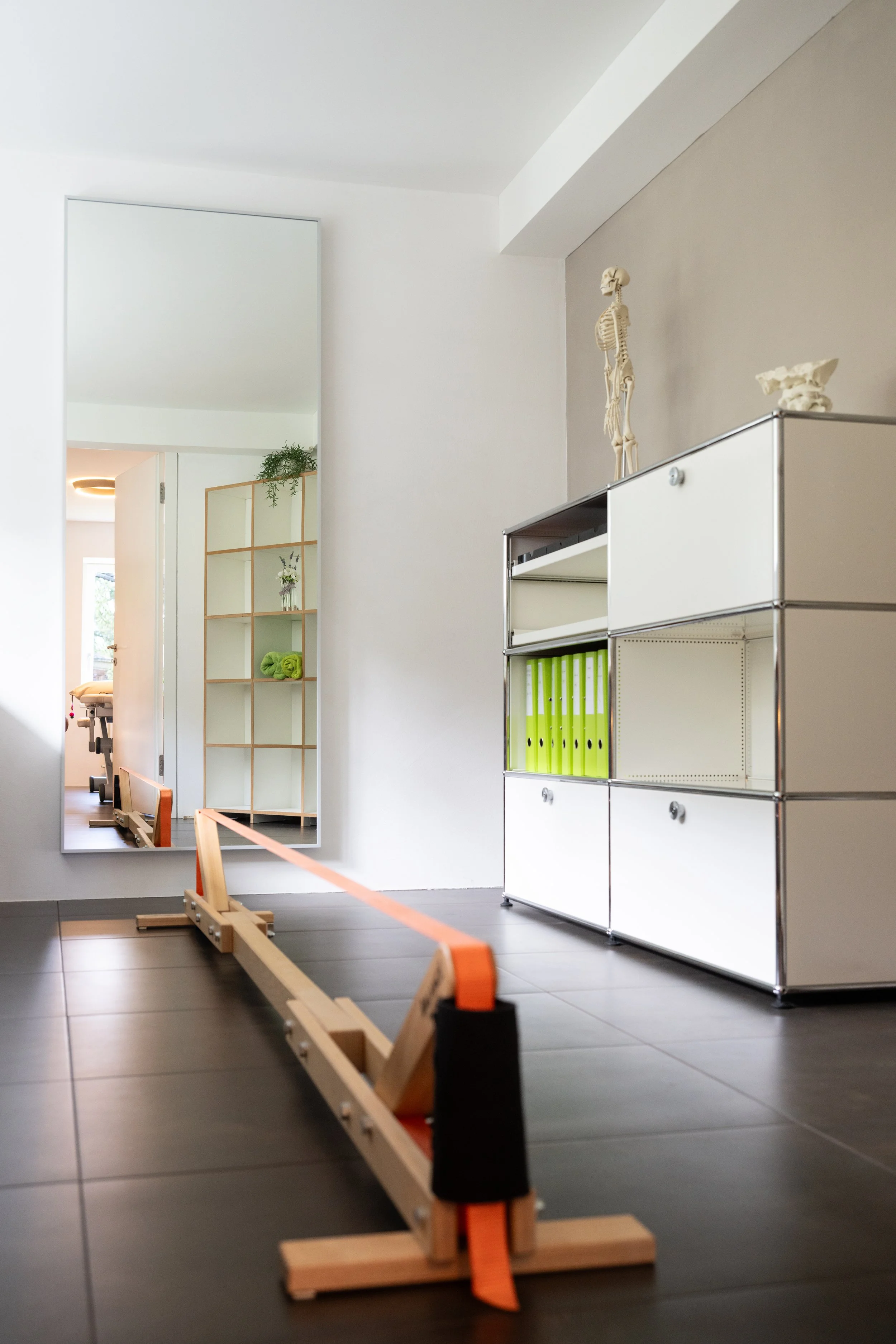 Ein Flur mit einem großen Wandspiegel, einem Regal mit Dokumentenordnern, Skelette und eine Holzschiene auf dem Boden.