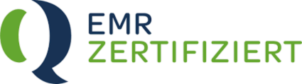 Logo mit den Worten 'EMR ZERTIFIZIERT' in Blau und Grün auf dunklem Hintergrund.