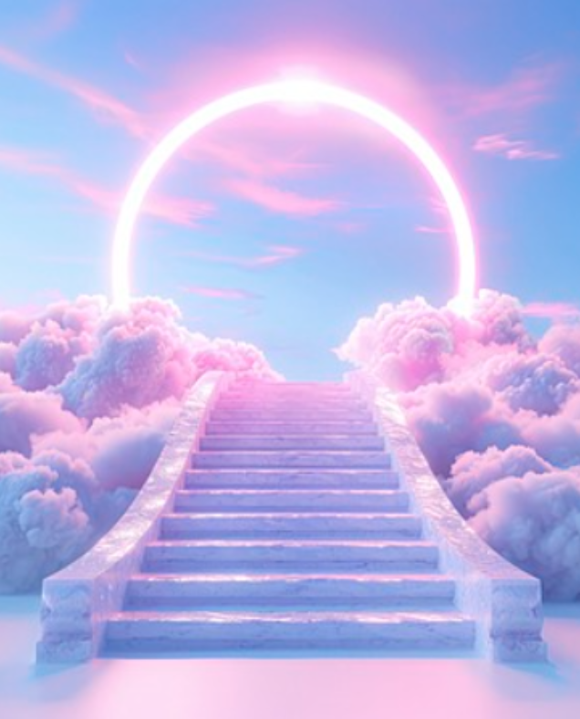 Escalier de nuages menant à un arc-en-ciel rose dans le ciel, créant une scène de fantaisie céleste.