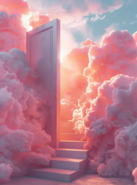 Une porte ouverte s'élève parmi des nuages roses, avec un ciel au coucher du soleil en arrière-plan.