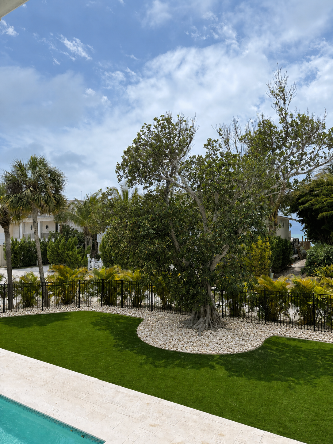 A backyard with a swimming pool, green lawn, and a large tree surrounded by white rocks. There are palm trees and other shrubs along the fence, and a partly cloudy sky above.