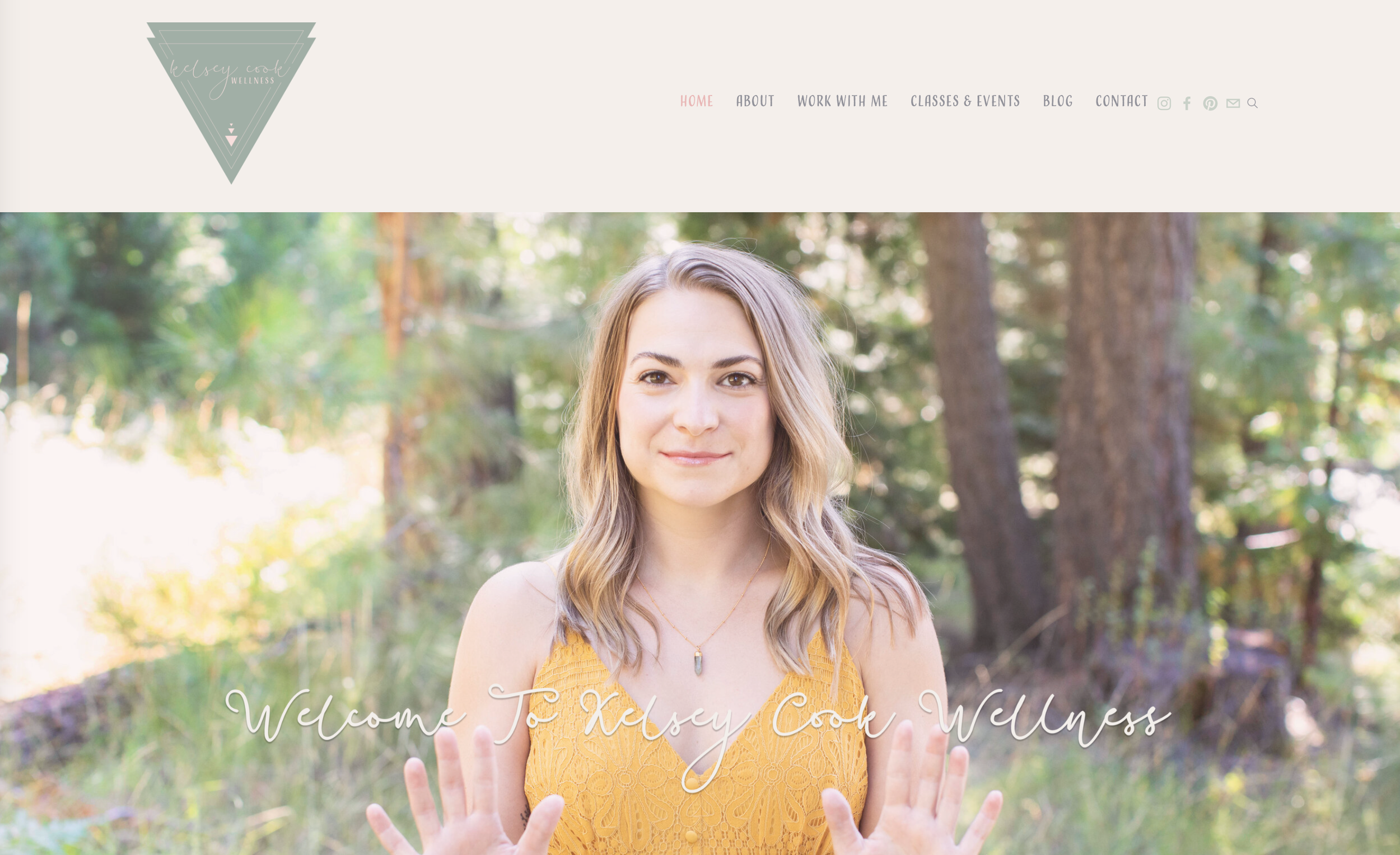 Website homepage featuring a young woman with wavy blonde hair in a yellow dress standing outdoors in a forested area, with the text 'Welcome To Kelsey Cook Wellness' overlaid.