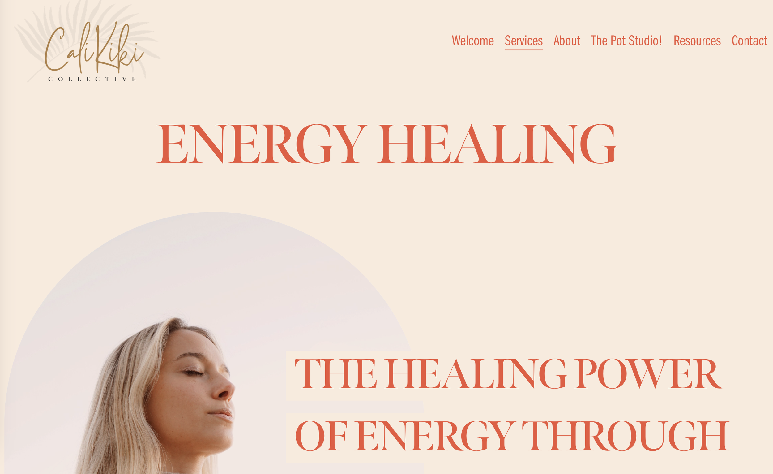 A woman with closed eyes and blond hair, appearing relaxed, on a website promoting energy healing services. The background is light with a large circular shape, and the text highlights energy healing as a healing power of energy.