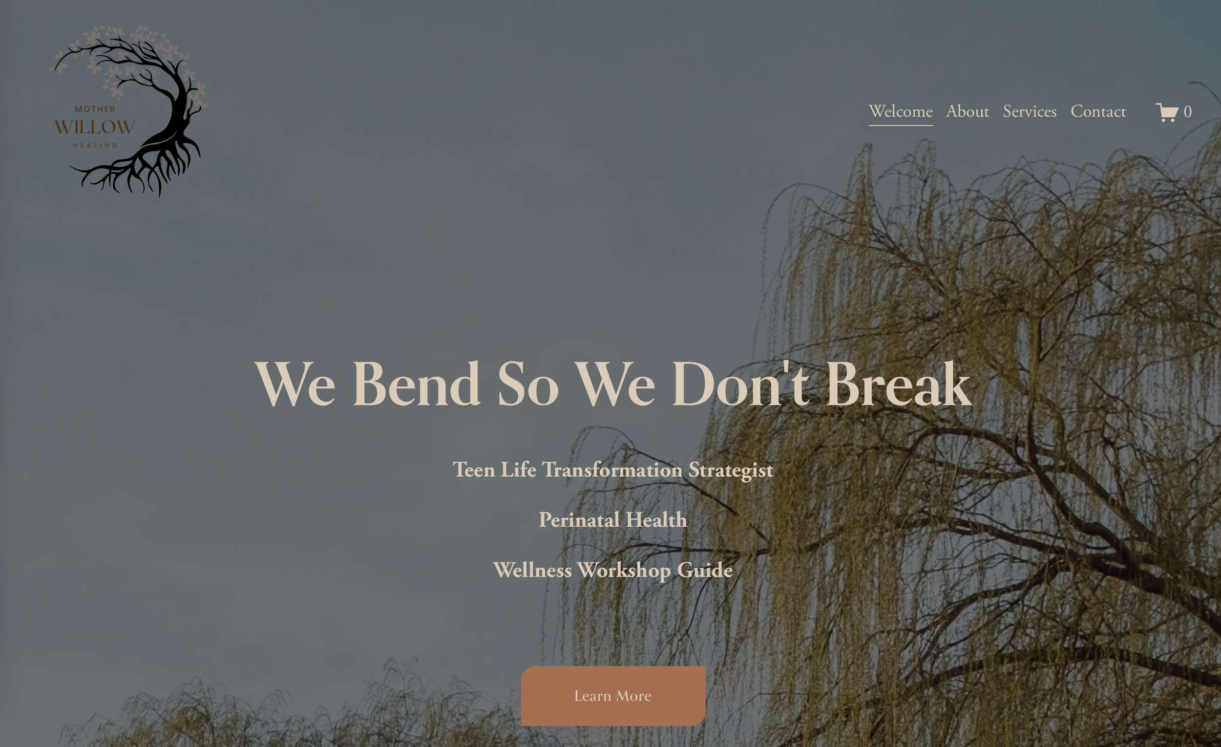 Homepage of Mother Willow Healing website featuring a logo of a tree with black roots and branches, and a background with trees, with menu options and a call-to-action button.