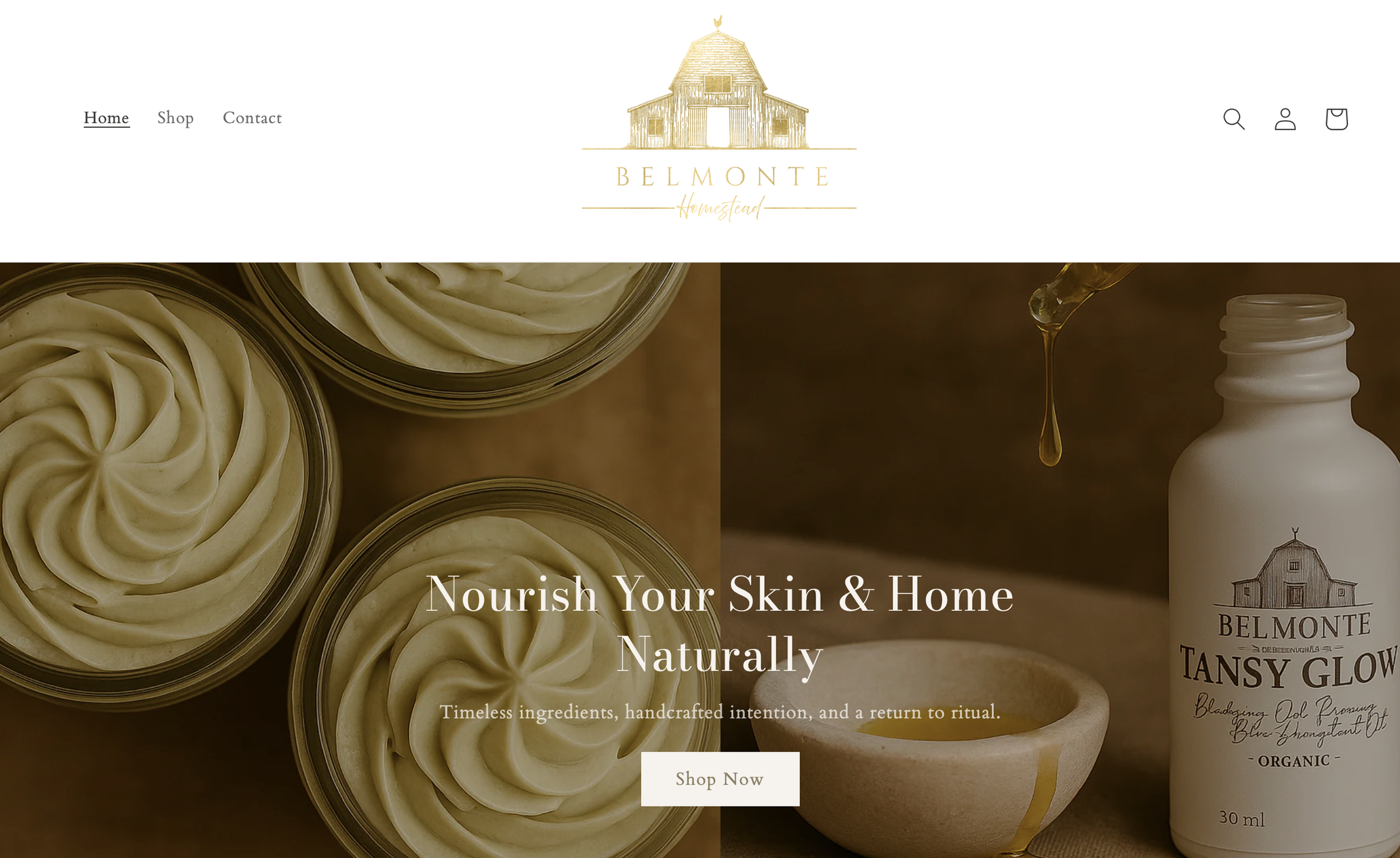 Website homepage featuring skincare products, including jars of cream, a bottle of oil with a dropper, and a ceramic bowl, with the text "Nourish Your Skin & Home Naturally" and a button labeled "Shop Now."