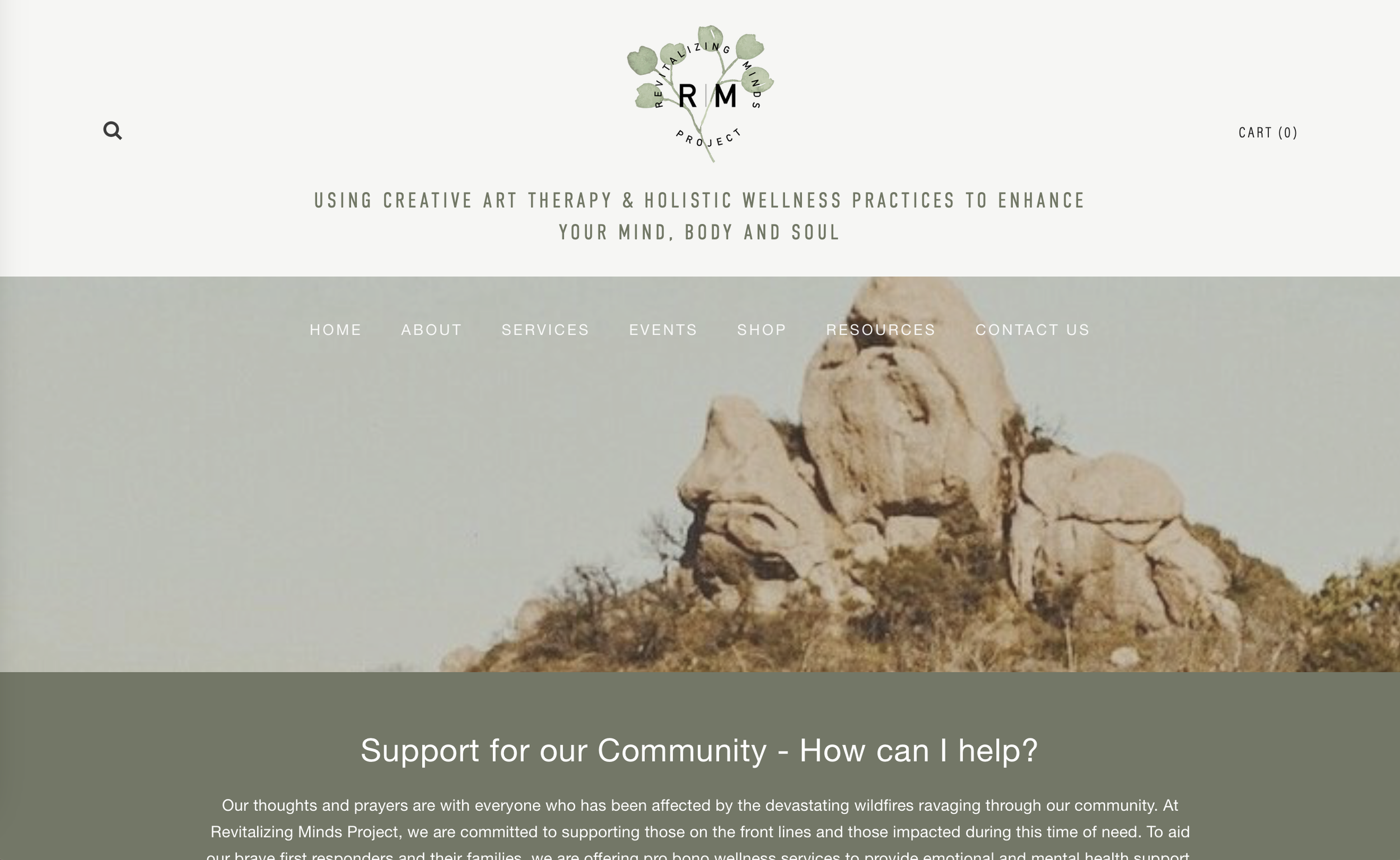 Website homepage for Revitalizing Minds Project with a tree logo, featuring a silhouette of a person's face in the rocks, and a menu with navigation options.
