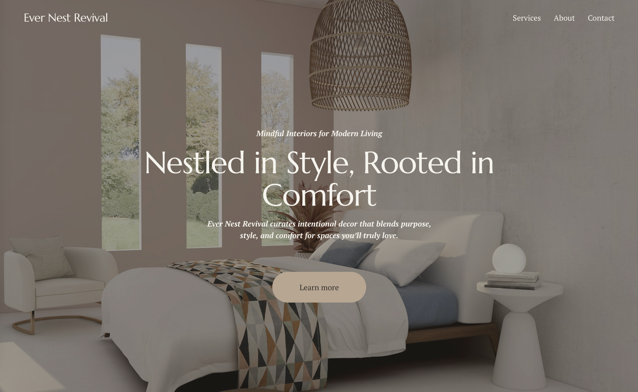 Modern bedroom interior with beige walls, large windows, a white bed with colorful geometric patterned blanket, an upholstered armchair, and a round side table with a glowing orb lamp. Text overlay promotes interior design services.
