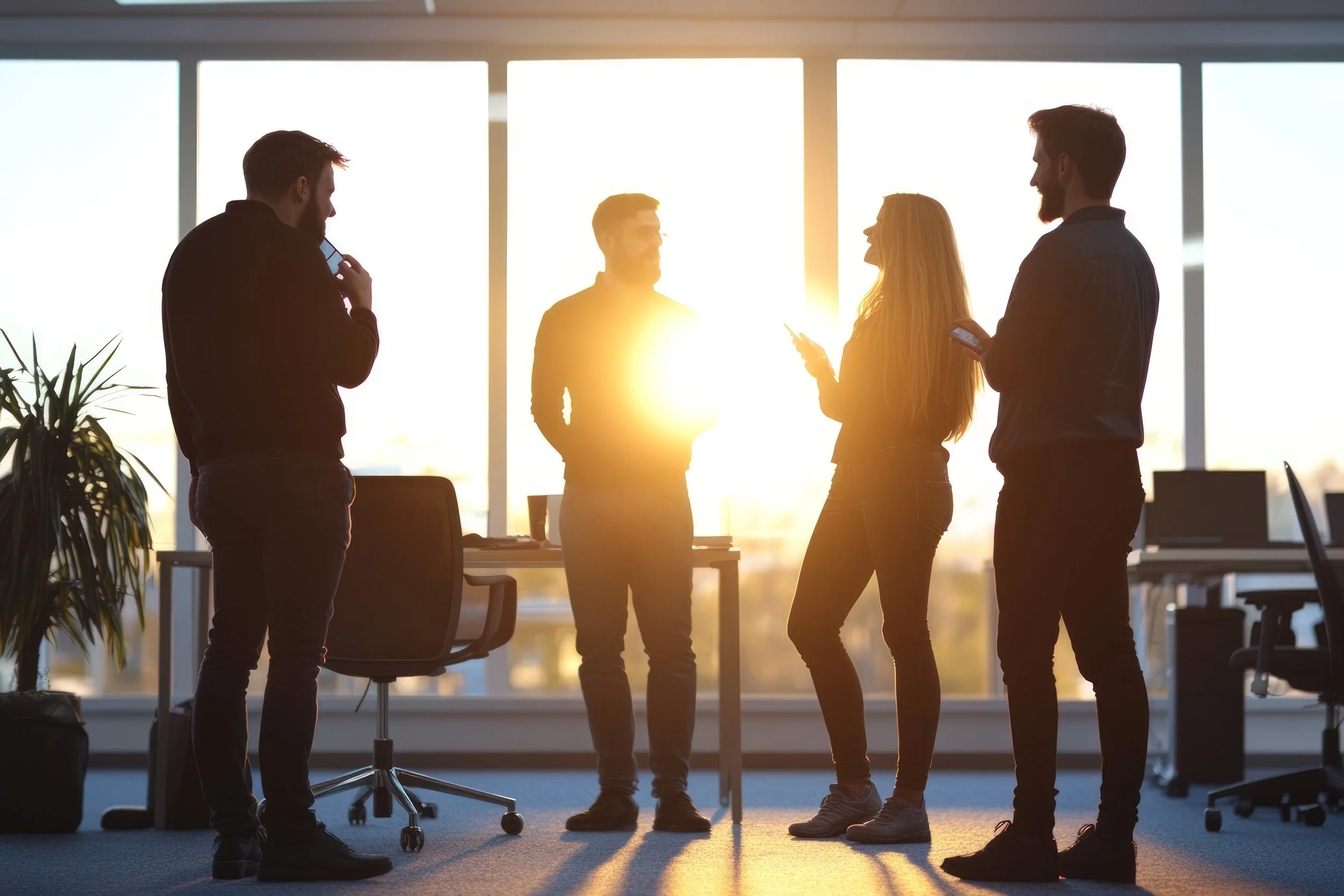 Four people standing and talking in an office with large windows at sunset, with some using their phones.
