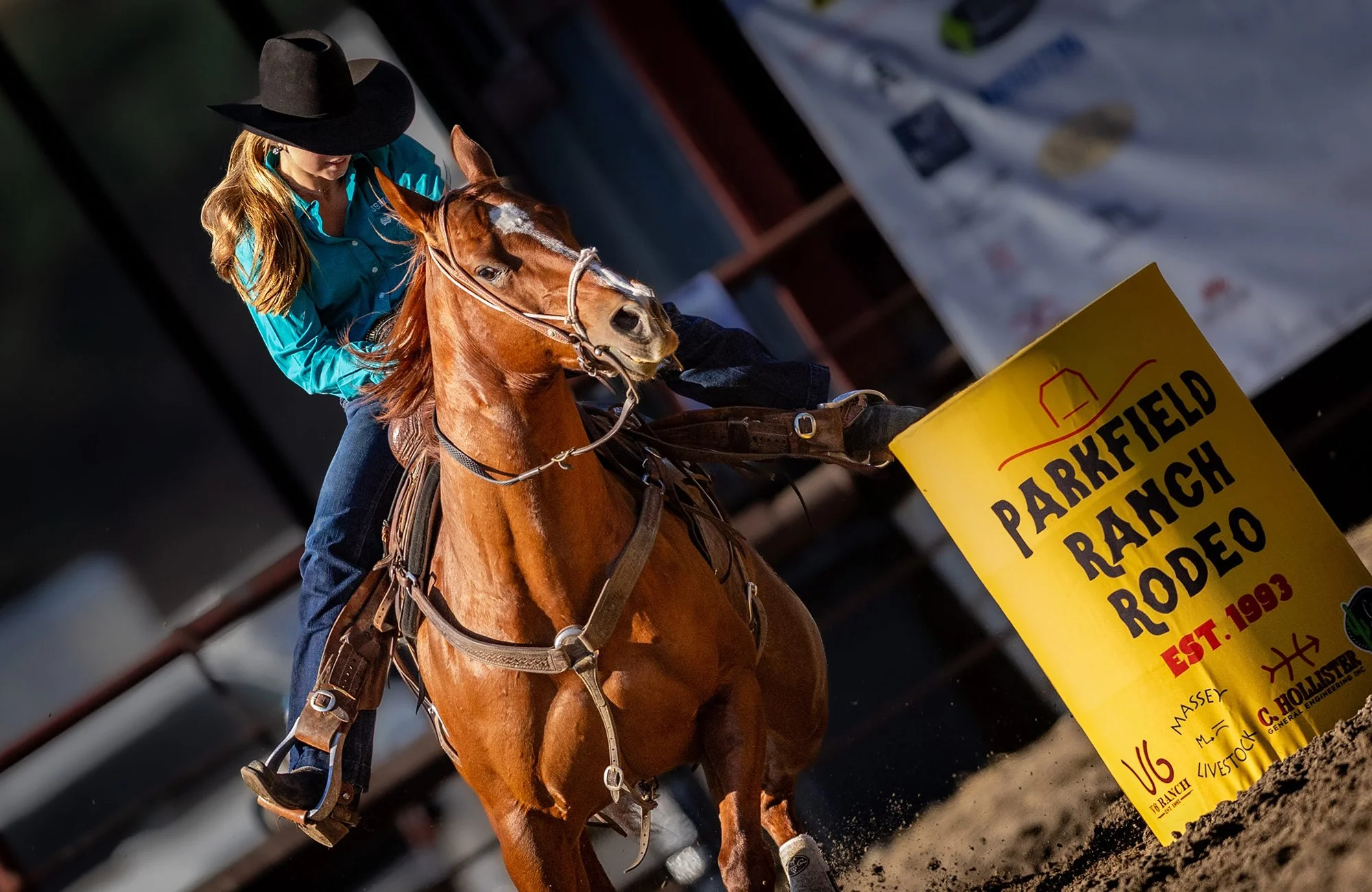 A cowboy participating in a rodeo event, riding a bucking bronco, dressed in a cowboy hat, jeans, and protective gear.