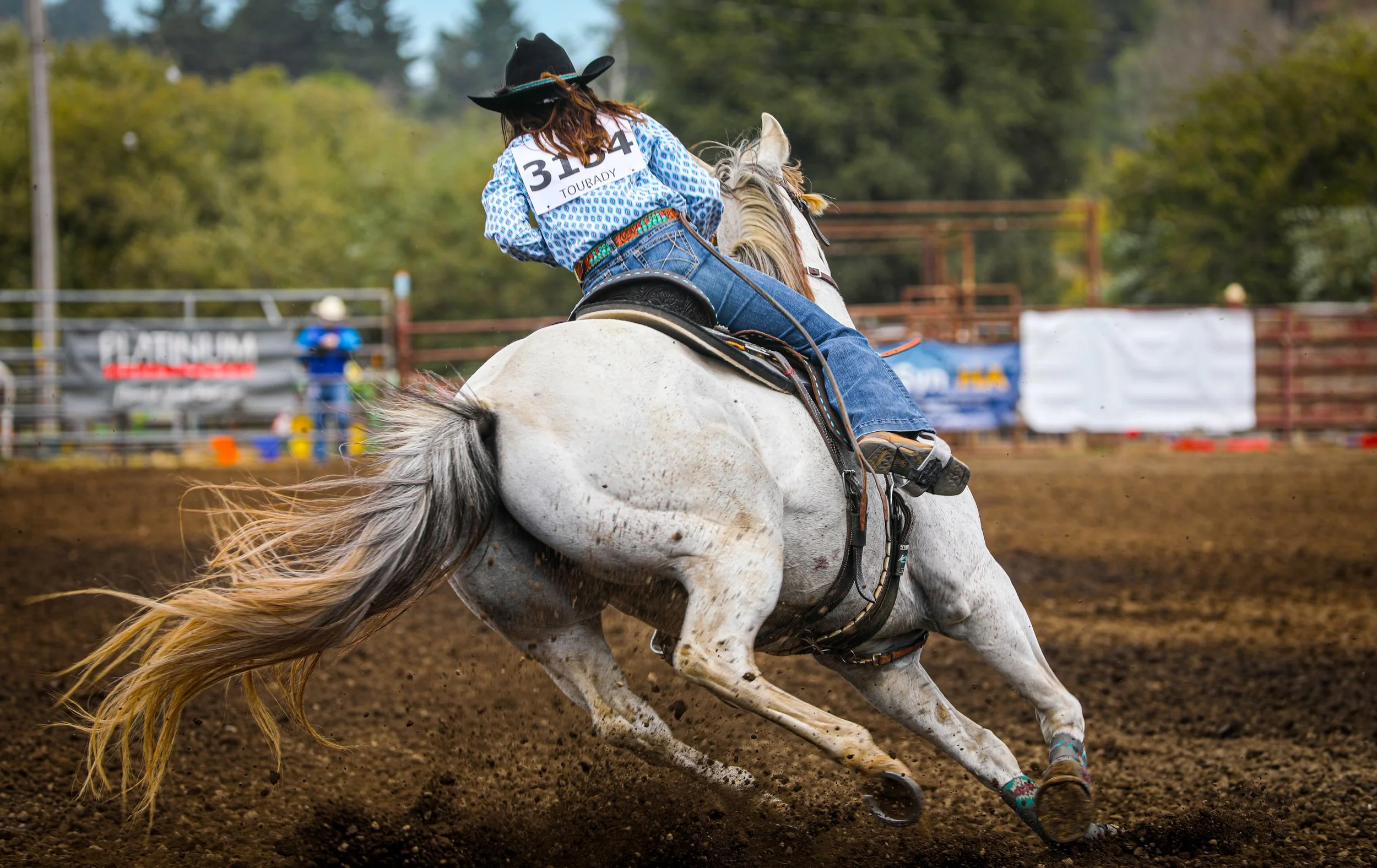 A rodeo rider in a blue plaid shirt, jeans, and black cowboy hat on a white horse racing around a dirt rodeo arena.