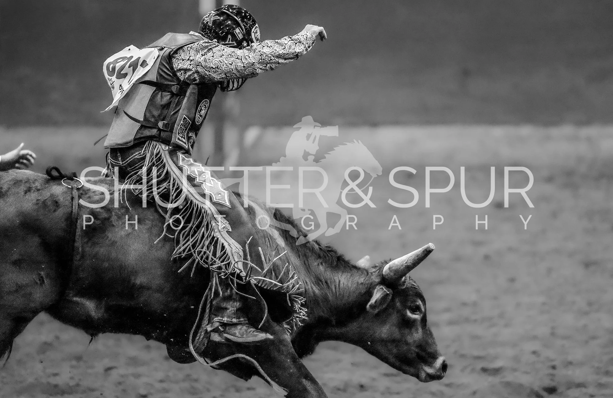 A cowboy riding a bull during a rodeo, wearing a protective helmet and decorative chaps, in black and white.