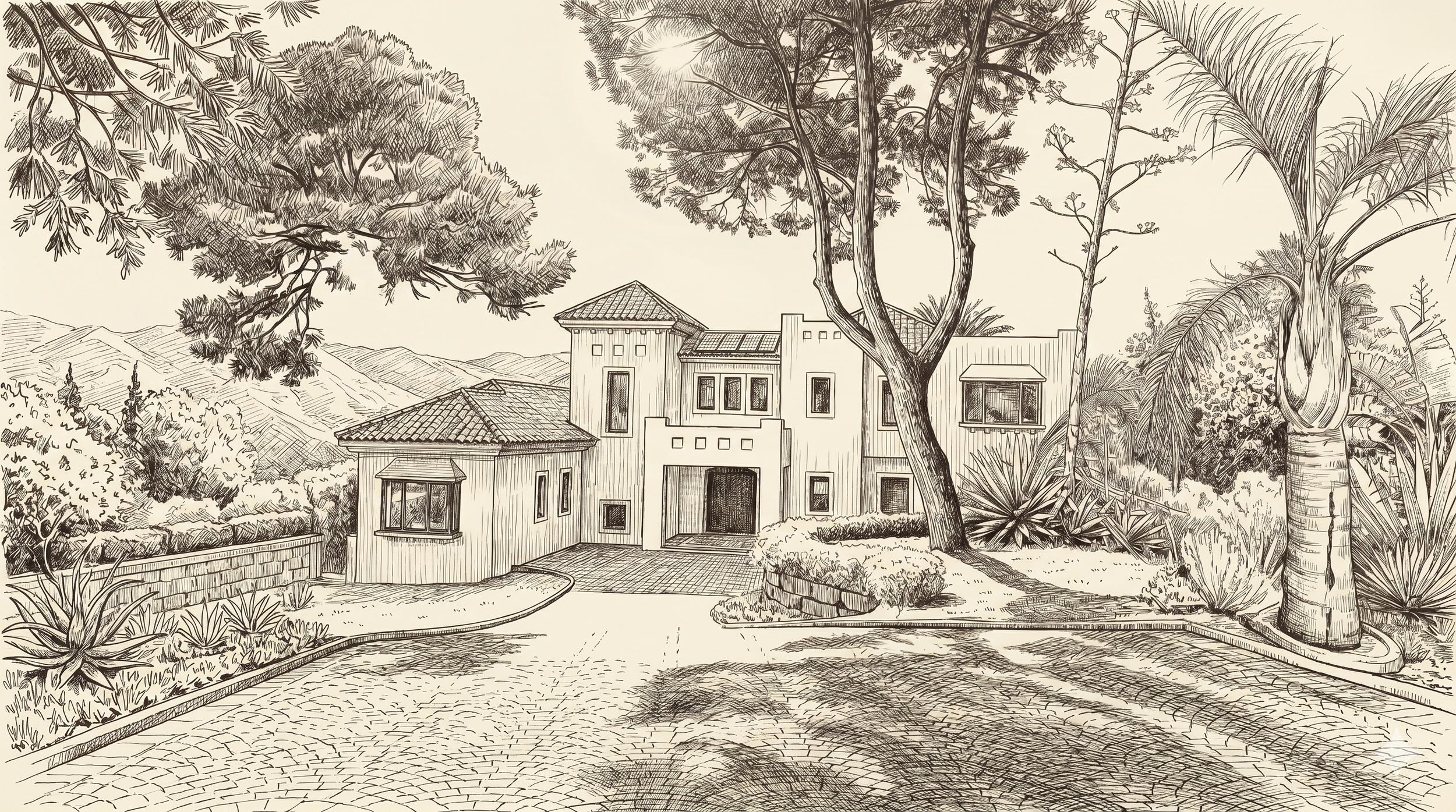 A detailed black and white sketch of a suburban house surrounded by tall trees and lush plants, with a curved brick driveway leading to the entrance.