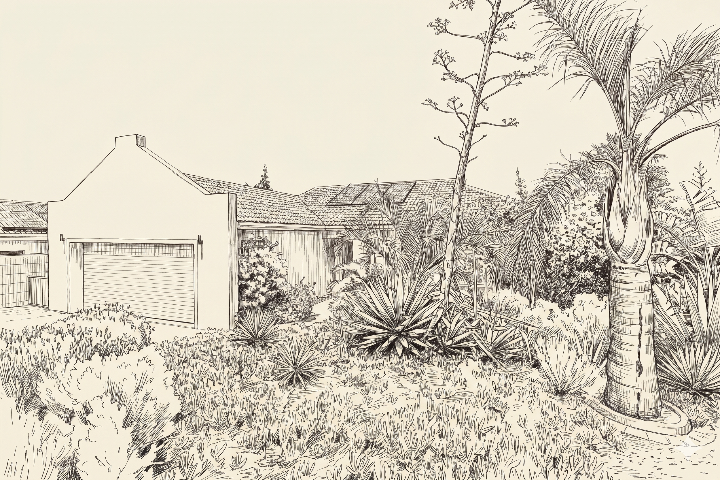 A black and white line drawing of a backyard with a house, trees, and various plants.