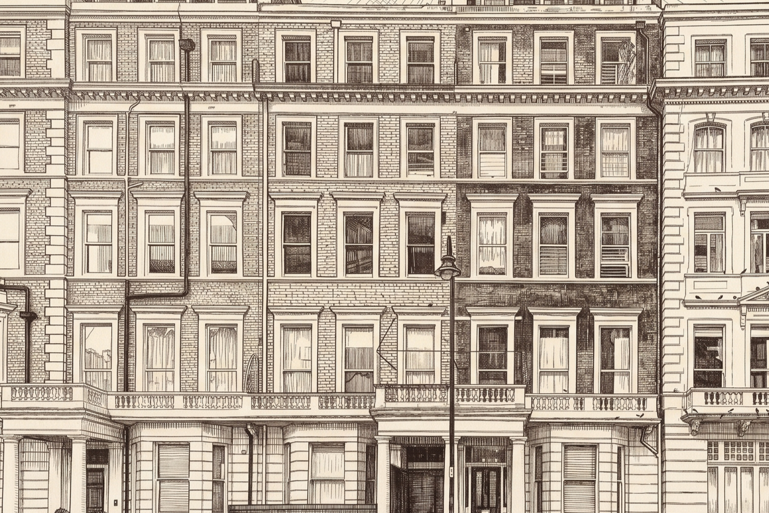 Drawing of a multi-story brick building with many windows, a balcony, and street lamps in front.