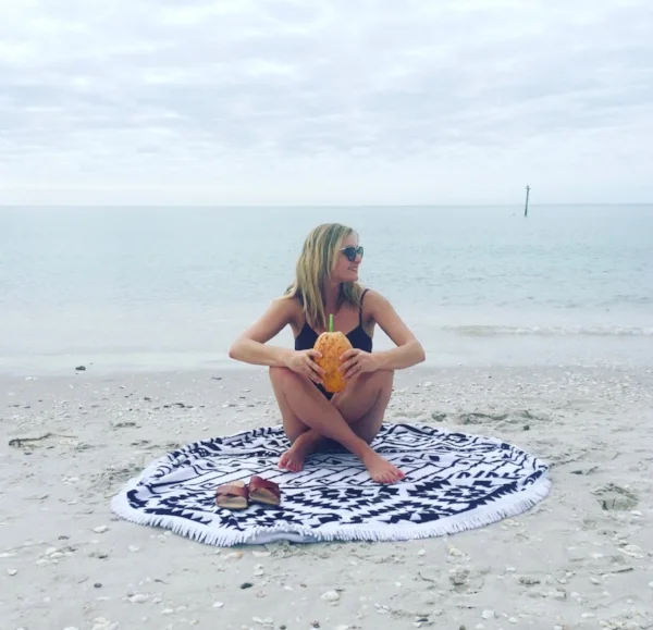 TOWEL: THE BEACH PEOPLE, SANDALS: J. CREW, BATHING SUIT: MIRACLESUIT, SUNGLASSES: PRADA (SIMILAR HERE)