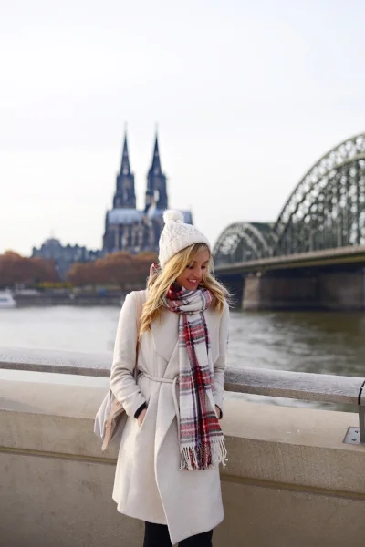 CABLE KNIT POM BEANIE: FOREVER 21, PLAID SCARF: H&amp;M, WRAP COAT: MANGO