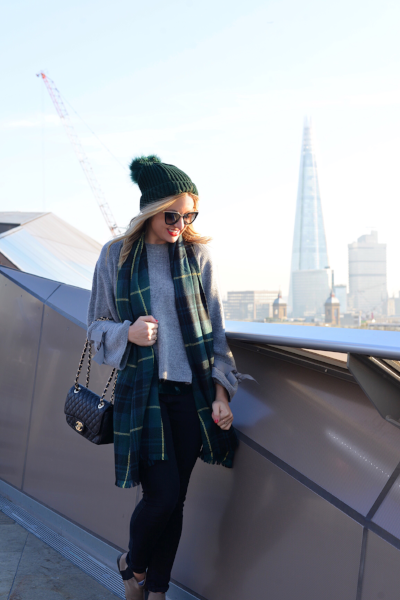 TONAL POM BEANIE: TOPSHOP, TARTAN SCARF: BANANA REPUBLIC