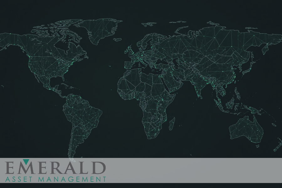 World map on dark background, green lines connecting market across the globe.