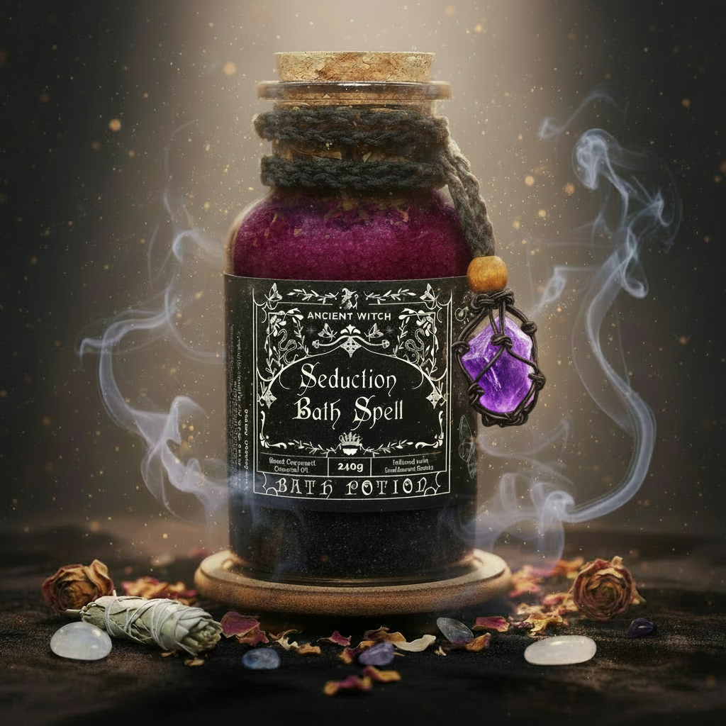 Ancient Witch: Seduction Bath Spell Potion & Amethyst Amulet - Sensuality, Self-Confidence, and Magnetic Intuition