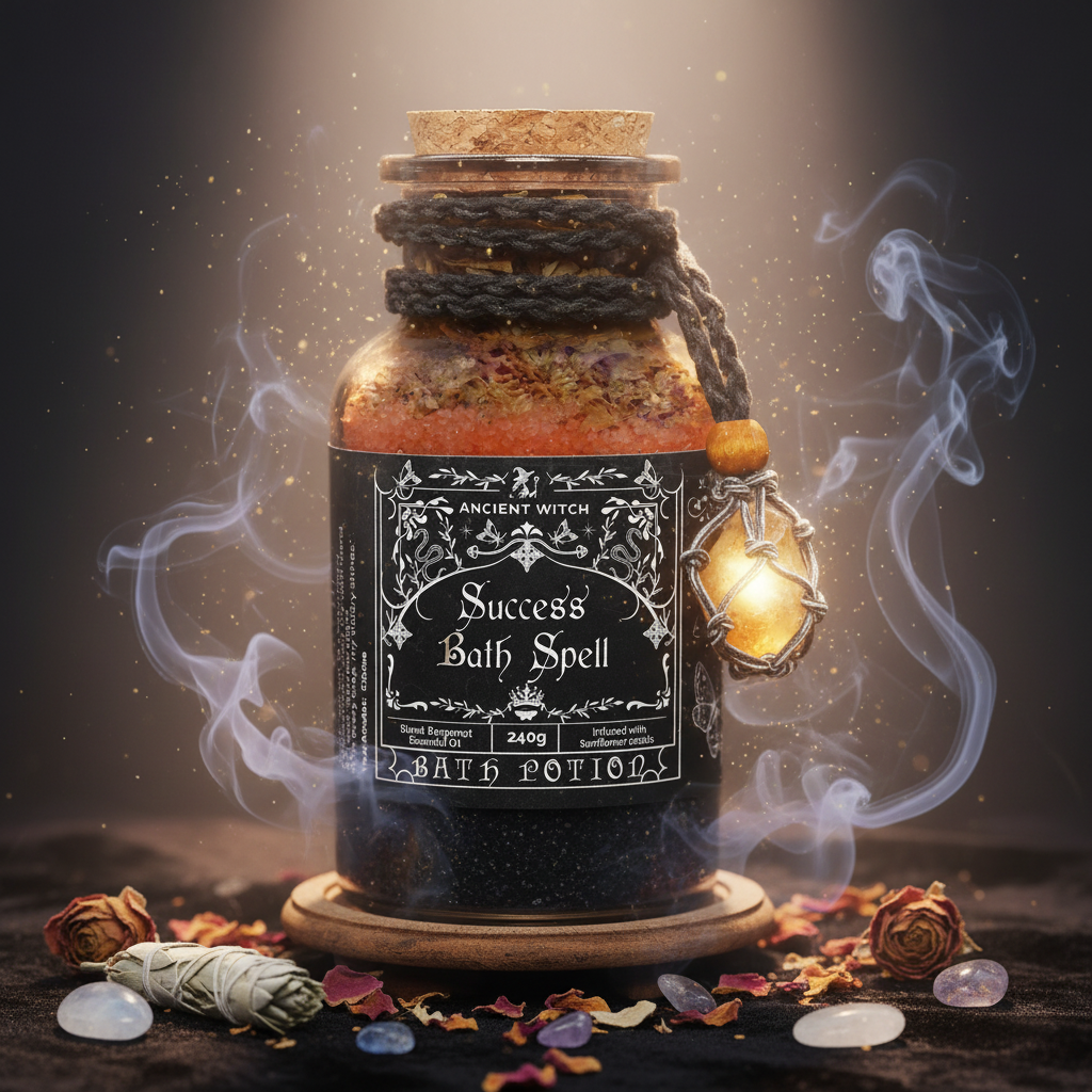 Ancient Witch: Success Bath Spell Potion & Citrine Amulet - Manifestation, Ambition, and Unlocking Abundance