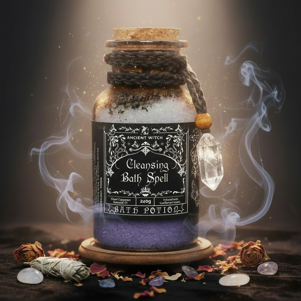 Ancient Witch: Cleansing Bath Spell Potion & Rock Crystal Amulet - Purification, Renewal, and Energetic Balance